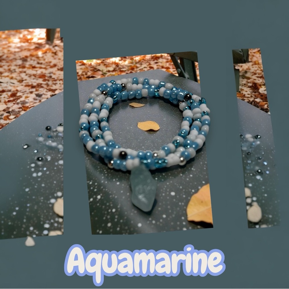 Handmade Blue & White Beaded Wrap Bracelet with Aquamarine Pendant - Picture 3 of 5